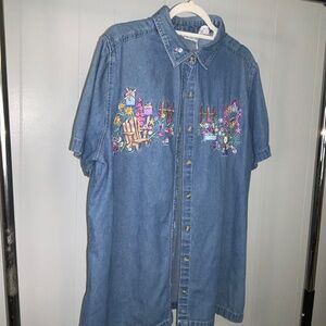 Bobbie brooks embroidered garden denim shirt 14W/16W  button front vintage 90s